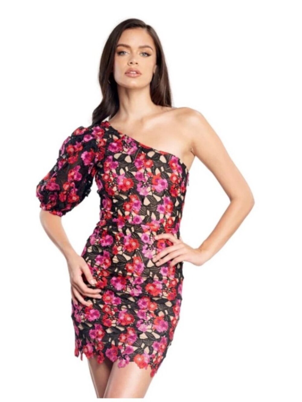 NWT Dress The Population Gabriella Floral Lace One Shoulder Sheath Dress. XS
